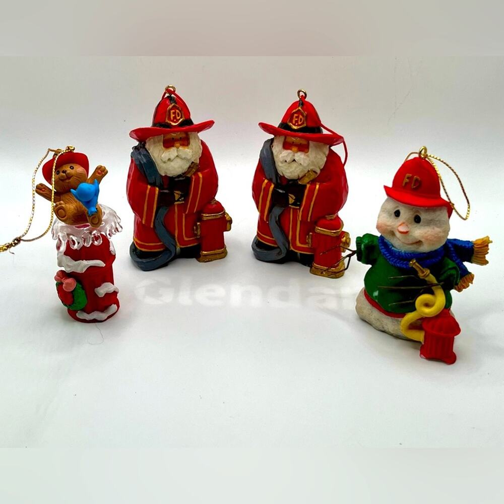 Set of 4 fireman-themed Christmas ornaments